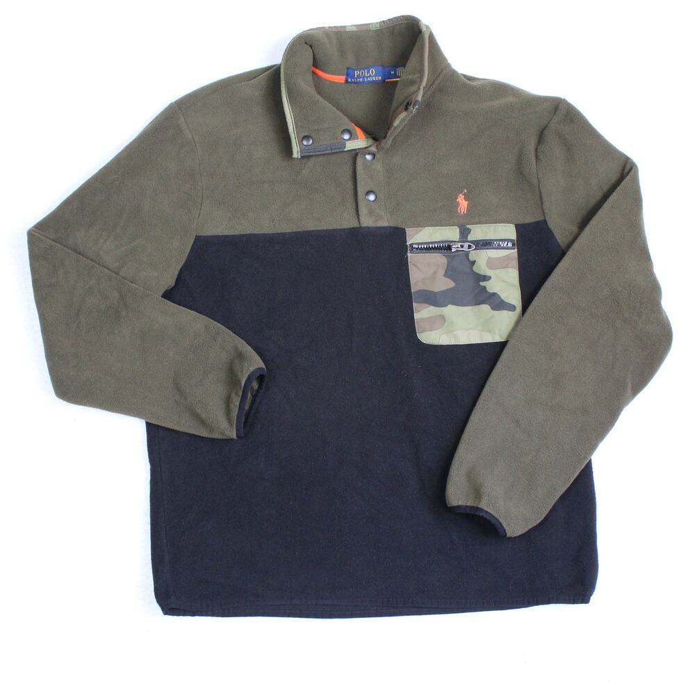 Polo Ralph Lauren Fleece Pullover Mens Medium Green Black Camo Pocket Preppy